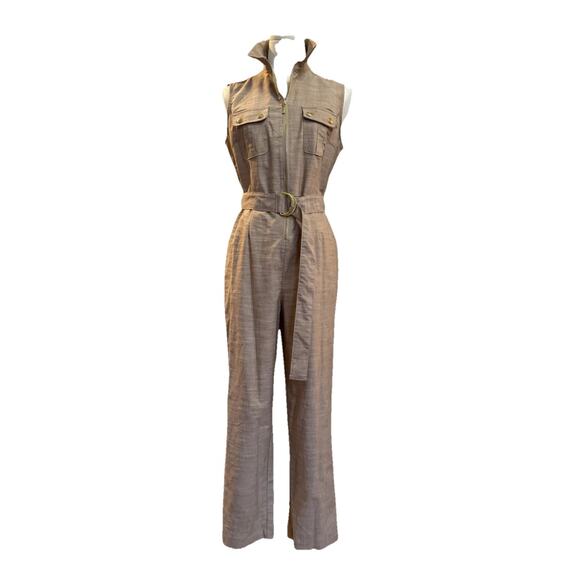 Nanette Lepore Size 4 Tan Sleeveless Belted Jumpsuit Romper Coastal Preppy - Picture 1 of 9